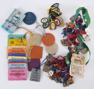 An accumulation of Melbourne Cricket Club Membership badges, Melbourne Cricket Club Lady's Tickets, Melbourne Cricket Club Voting Member cards, a quantity of Victorian Racing Club Membership badges, V.R.C. Lady's Tickets, a Wesley College 1916 Jubilee badge; some duplication. (qty.)