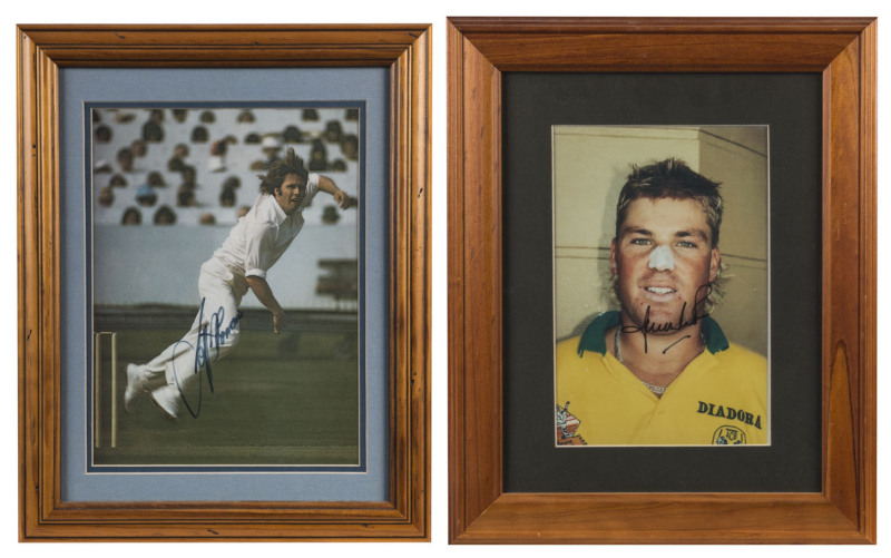 AUSTRALIAN SPORTING GREATS: Individually framed and signed photographs, etc., of cricketers Jeff Thomson and Shane Warne; Australian Rules footballer Leigh Matthews; basketballer Andrew Gaze and Marathon man, Steve Moneghetti. (5 items).