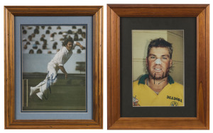 AUSTRALIAN SPORTING GREATS: Individually framed and signed photographs, etc., of cricketers Jeff Thomson and Shane Warne; Australian Rules footballer Leigh Matthews; basketballer Andrew Gaze and Marathon man, Steve Moneghetti. (5 items).