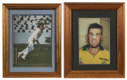AUSTRALIAN SPORTING GREATS: Individually framed and signed photographs, etc., of cricketers&nbsp;Jeff Thomson and Shane Warne; Australian Rules footballer Leigh Matthews; basketballer Andrew Gaze and Marathon man, Steve Moneghetti. (5 items).