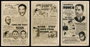 RUPERT RICE: A group of three postcard-size cards, circa 1950, from the series which illustrates important historical events and personalities in World boxing. These feature "Color Bar", "Bashful Romeo", and "The First Broadcast".
