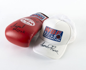 A WBF boxing glove signed by LIONEL ROSE and JACK RENNIE together with a WBF cap signed by ROSE on the peak. (2 items).