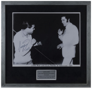 Lionel Rose, nice signature on large photograph of Lionel Rose with Elvis Presley dated 1969, window mounted, framed & glazed, overall 64 x 66cm. With CofA.