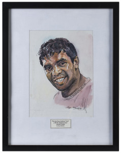 "The boy from Jacksons Track - A World Champion boxer LIONEL ROSE" original painting by Brian Membrey, signed lower right; window mounted, framed & glazed, overall 46 x 36cm. & "They fought the world's best Light heavyweights TONY MUNDINE Lightweights HECTOR THOMPSON" original artwork by Bryan Membury, signed by the artist lower right. Mounted on backing board; overall 62 x 48.5cm.