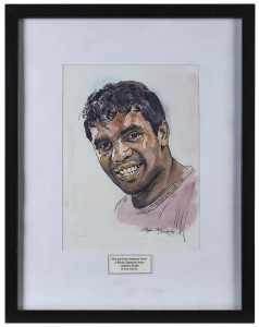 "The boy from Jacksons Track - A World Champion boxer LIONEL ROSE" original painting by Brian Membrey, signed lower right; window mounted, framed & glazed, overall 46 x 36cm. & "They fought the world's best Light heavyweights TONY MUNDINE Lightweights H
