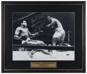 JOE FRAZIER vs. MUHAMMAD ALI framed action photograph from "The Fight of The Century, March 8, 1971, Madison Square Garden", signed and endorsed by Frazier and with Field of Dreams CofA on reverse.