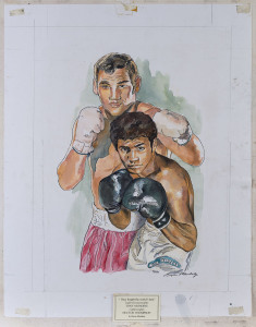 "They fought the world's best Light heavyweights TONY MUNDINE Lightweights HECTOR THOMPSON" original artwork by Bryan Membury, signed by the artist lower right. Mounted on backing board; overall 62 x 48.5cm.