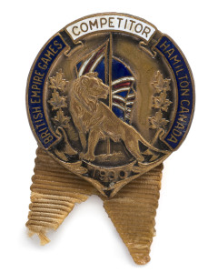 1930 1st British Empire Games in Hamilton, Competitor's badge enamelled with 'Competitor/British Empire & Commonwealth Games/ Hamilton, Canada/1930', (partial) yellow ribbon, 32mm diameter.