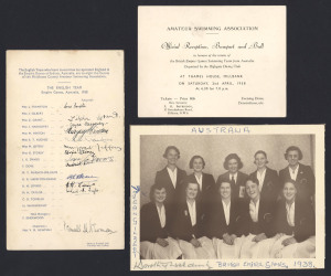 SYDNEY 1938: British Swimming Team: Small group comprising Dec.3rd, 1937 dinner menu (the evening prior to departure for Sydney), signed by 12 members of the team & the chaperone; an original photo of the Women's Team of 12 by Dorothy Wilding (signed by him in the lower margin); also, invitation to the Official Reception and Banquet to celebrate the return of the Swimming Team from Australia (2nd April, 1938). (3 items).England won 7 of their 15 gold medals in the swimming and div
