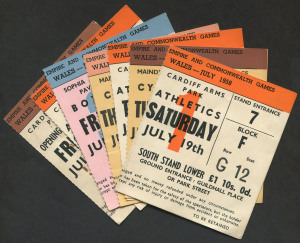 Cardiff 1958 tickets: July 18th Opening Ceremony; July 19th Athletics; July 22nd Cycling; July 22nd Athletics; July 24th Cycling; July 25th Boxing; and July 26th Athletics. (7). Fine condition.