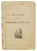 "RULES of the MELBOURNE CRICKET CLUB. November, 1861" [Melbourne; Mason & Firth, Printers, 16 Elizabeth Street] 16pp. A small [12cm tall] publication with an illustration of a batsman at wicket in front of a tent flying the M.C.C. banner. The booklet comp