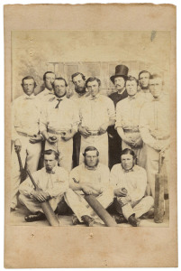 1861-62 The First English Tour: 'THE ENGLAND ELEVEN PHOTOGRAPHED PREVIOUS TO THEIR DEPARTURE FOR AUSTRALIA', carte-de-visite, albumen print by McLean, Melhuish & Co. Photographers, 26, Haymarket S.W., mounted on card, with team players listed on reverse including H.H. Stephenson (Captain of Surrey), Hearne, Caffyn & Lawrence; overall 11 x 7.5cm.