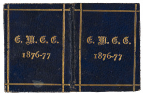 EAST MELBOURNE CRICKET CLUB: 1876-77 Member's Season ticket, black leather with gold embossing, the interior printed in black with a charming image of a batsman at wicket, space for the member's name in manuscript (W.J. Daly) and the signature of the Honorary Treasurer, J.G. Russell. Very good condition and extremely rare.