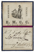 EAST MELBOURNE CRICKET CLUB: 1876-77 Member's Season ticket, black leather with gold embossing, the interior printed in black with a charming image of a batsman at wicket, space for the member's name in manuscript (W.J. Daly) and the signature of the Hono - 2