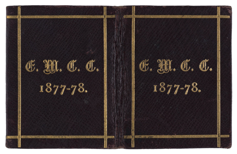 East Melbourne Cricket Club: 1877-78 Member's Season ticket, brown leather with gold embossing, the interior printed in black with a charming image of a batsman at wicket, space for the member's name in manuscript (W.J. Daly) and the signature of the Hono