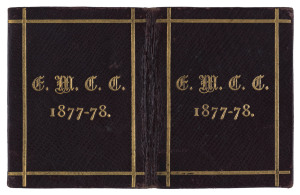 East Melbourne Cricket Club: 1877-78 Member's Season ticket, brown leather with gold embossing, the interior printed in black with a charming image of a batsman at wicket, space for the member's name in manuscript (W.J. Daly) and the signature of the Hono