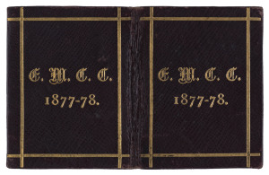 East Melbourne Cricket Club: 1877-78 Member's Season ticket, brown leather with gold embossing, the interior printed in black with a charming image of a batsman at wicket, space for the member's name in manuscript (W.J. Daly) and the signature of the Honorary Treasurer. The member's number "75" is stamped in black. Superb condition and extremely rare.