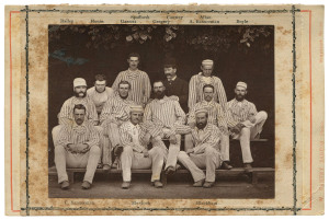 1878 Australian Team to play in England: original albumen photograph of the team (9 x 11.5cm), mounted on printed backing with the names of the team members and marketed by W. Harvey Barton, Photographer as part of his "Sixpenny Series". While the image i