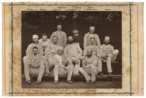 1878 Australian Team to play in England: original albumen photograph of the team (9 x 11.5cm), mounted on printed backing with the names of the team members and marketed by W. Harvey Barton, Photographer as part of his "Sixpenny Series". While the image is in very fine condition there is considerable foxing to the mount.