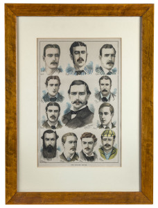 THE ENGLISH ELEVEN, hand coloured full page lithograph from The Australasian Sketcher of 21st December 1878. Framed & glazed, overall 56 x 42cm.