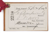 MELBOURNE CRICKET CLUB: 1893-94 Member's Season Ticket, brown leather with gold embossed logo and dates on front; the reverse with the membership number printed (No.2218) and signed by the member (G. Simpson), the Hon. Treasurer and the Secretary. Superb - 2
