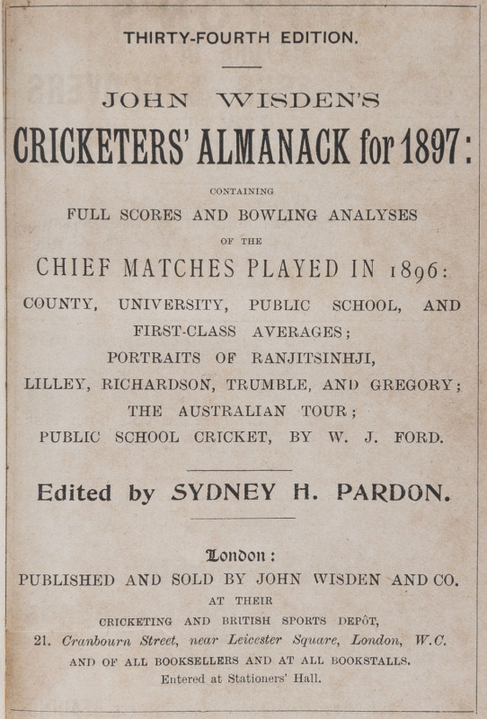 JOHN WISDEN'S CRICKETERS' ALMANACK for 1897: rebound from title page to p.416 and incorporating the photographic plate "FIVE CRICKETERS OF THE YEAR" (which included Trumble and Gregory of Australia); half red calf over cloth-covered boards, blank end-pape