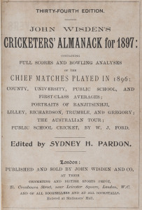 JOHN WISDEN'S CRICKETERS' ALMANACK for 1897: rebound from title page to p.416 and incorporating the photographic plate "FIVE CRICKETERS OF THE YEAR" (which included Trumble and Gregory of Australia); half red calf over cloth-covered boards, blank end-pape