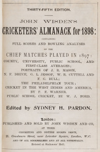 JOHN WISDEN'S CRICKETERS' ALMANACK for 1898: rebound from title page to p.428 and incorporating the photographic plate "FIVE CRICKETERS OF THE YEAR"; half red calf over cloth-covered boards, blank end-papers, gilt titles to spine.  Provenance: The family,