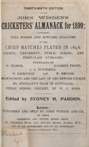 JOHN WISDEN'S CRICKETERS' ALMANACK for 1899: rebound from title page to p.438 and incorporating the photographic plate "FIVE CRICKETERS OF THE YEAR" (which included Albert Trott of Australia and England); half red calf over cloth-covered boards, blank end