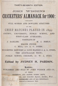 JOHN WISDEN'S CRICKETERS' ALMANACK for 1900: rebound from title page to p.506 and incorporating the photographic plate "FIVE CRICKETERS OF THE YEAR" (which included Joe Darling, Monty Noble & Clem Hill of Australia); half red calf over cloth-covered board