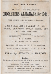 JOHN WISDEN'S CRICKETERS' ALMANACK for 1901: rebound from title page to p.478 and incorporating the photographic plate "FIVE CRICKETERS OF THE YEAR"; half red calf over cloth-covered boards, blank end-papers, gilt titles to spine.  Provenance: The family,