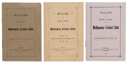 "RULES and BYE-LAWS of the MELBOURNE CRICKET CLUB." three complete editions; all published by Mason, Frith & McCutcheon, Printers; dated 7th August, 1901 (32pp); 27th February, 1907 (32pp) and 22nd October, 1936 (36pp). The first two, particularly scarce.