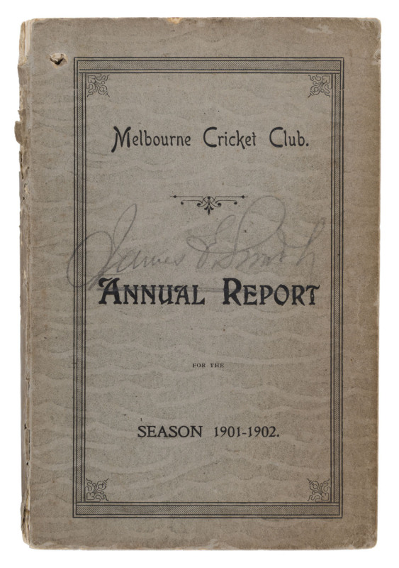 'Melbourne Cricket Club, Annual Report, For the Season 1901-02.' [Melbourne; Mason, Firth & M'Cutcheon, 1902] 104pp, with original grey covers. Includes a full report on all activities, match reports, averages, a complete list of members, etc.Signed to fr