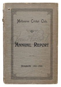 'Melbourne Cricket Club, Annual Report, For the Season 1901-02.' [Melbourne; Mason, Firth & M'Cutcheon, 1902] 104pp, with original grey covers. Includes a full report on all activities, match reports, averages, a complete list of members, etc.Signed to fr
