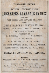 JOHN WISDEN'S CRICKETERS' ALMANACK for 1902: rebound from title page to p.536 and incorporating the photographic plate "FIVE CRICKETERS OF THE YEAR"; half red calf over cloth-covered boards, blank end-papers, gilt titles to spine.  Provenance: The family,