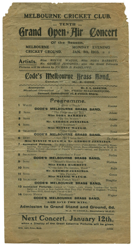 MELBOURNE CRICKET CLUB - GRAND OPEN-AIR CONCERTS: A small group of five official programmes for the Monday evening concerts which took place on Dec.22nd, 1902, Dec.29th, 1902, Jan.5th, 1903, Feb.2nd., 1903 and March 30th, 1903 all with Code's Melbourne Br