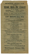 MELBOURNE CRICKET CLUB - GRAND OPEN-AIR CONCERTS: A small group of five official programmes for the Monday evening concerts which took place on Dec.22nd, 1902, Dec.29th, 1902, Jan.5th, 1903, Feb.2nd., 1903 and March 30th, 1903 all with Code's Melbourne Br