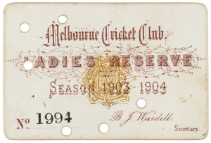 MELBOURNE CRICKET CLUB: 1903-04 Ladies Reserve Season Ticket, 'Melbourne Cricket Club, Ladies Reserve, Season 1903-1904. No.1994', with hole punched for each day attended. Good condition.