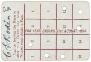 MELBOURNE CRICKET CLUB: 1903-04 Ladies Reserve Season Ticket, 'Melbourne Cricket Club, Ladies Reserve, Season 1903-1904. No.1994', with hole punched for each day attended. Good condition. - 2