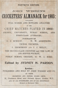 JOHN WISDEN'S CRICKETERS' ALMANACK for 1903: rebound from title page to p.532 and incorporating the photographic plate "FIVE CRICKETERS OF THE YEAR" (which included Warwick Armstrong, Victor Trumper and J.J. Kelly of Australia); half red calf over cloth-c
