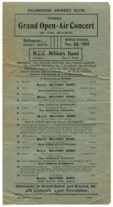MELBOURNE CRICKET CLUB - GRAND OPEN-AIR CONCERTS: A small group of four official programmes for the Monday evening concerts which took place on Nov.16th, 1903, Dec.7th, 1903, Jan.11th, 1904 and Feb.1st, 1904 all with the M.C.C. Military Band under the con