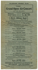 MELBOURNE CRICKET CLUB - GRAND OPEN-AIR CONCERTS: A small group of four official programmes for the Monday evening concerts which took place on Nov.16th, 1903, Dec.7th, 1903, Jan.11th, 1904 and Feb.1st, 1904 all with the M.C.C. Military Band under the conductor Lieut. T. Riley and various other performing artists; also the "Royal Bioscope Pictures" shown by Alex. Gunn and Sons. The reverse of each printed programme features a Robert Hurst shoes advertisement. (4 items).