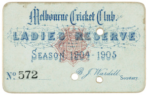 MELBOURNE CRICKET CLUB: 1904-05 Ladies Reserve Season Ticket, 'Melbourne Cricket Club, Ladies Reserve, Season 1904 - 1905. No.572', with hole punched for each day attended. Good condition.
