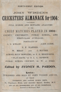 JOHN WISDEN'S CRICKETERS' ALMANACK for 1904: rebound from title page to p.492 and incorporating the photographic plate "FIVE CRICKETERS OF THE YEAR"; half red calf over cloth-covered boards, blank end-papers, gilt titles to spine.  Provenance: The family,