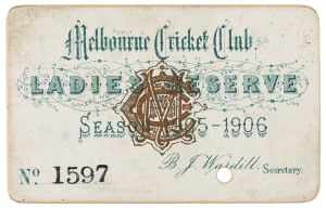 MELBOURNE CRICKET CLUB: 1905-06 Ladies Reserve Season Ticket, 'Melbourne Cricket Club, Ladies Reserve, Season 1905-1906. No.1597', with hole punched for each day attended. Good condition.