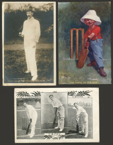 POSTCARDS: Three early cards, one depicting Ranji/Fry/Brann (real photo), one depicting C.E.McLeod (Victoria) (real photo) and one a Langsdorff "The Hope of his side". All fine used 1905-06. (3).