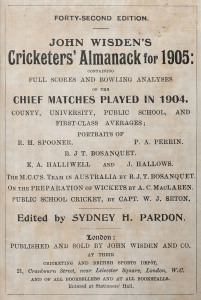 JOHN WISDEN'S CRICKETERS' ALMANACK for 1905: rebound from title page to p.528 and incorporating the photographic plate "FIVE CRICKETERS OF THE YEAR" (which included Percy Perrin of Essex, whose Wisden collection this volume forms part of); half red calf o