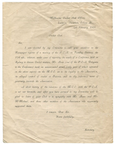 MELBOURNE CRICKET CLUB: 4th February, 1905 4-page printed letter addressed to "...........Cricket Club" providing details of the M.C.C's position  with regard to the "unwarranted attack.....on the M.C.C." by a delegate of the Victorian Cricket Association