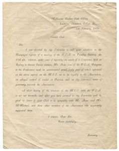 MELBOURNE CRICKET CLUB: 4th February, 1905 4-page printed letter addressed to "...........Cricket Club" providing details of the M.C.C's position with regard to the "unwarranted attack.....on the M.C.C." by a delegate of the Victorian Cricket Association at a conference in Sydney "to discuss Cricket matters."