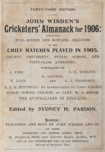 JOHN WISDEN'S CRICKETERS' ALMANACK for 1906: rebound from title page to p.556 and incorporating the photographic plate "FIVE CRICKETERS OF THE YEAR"; half red calf over cloth-covered boards, blank end-papers, gilt titles to spine.  Provenance: The family,